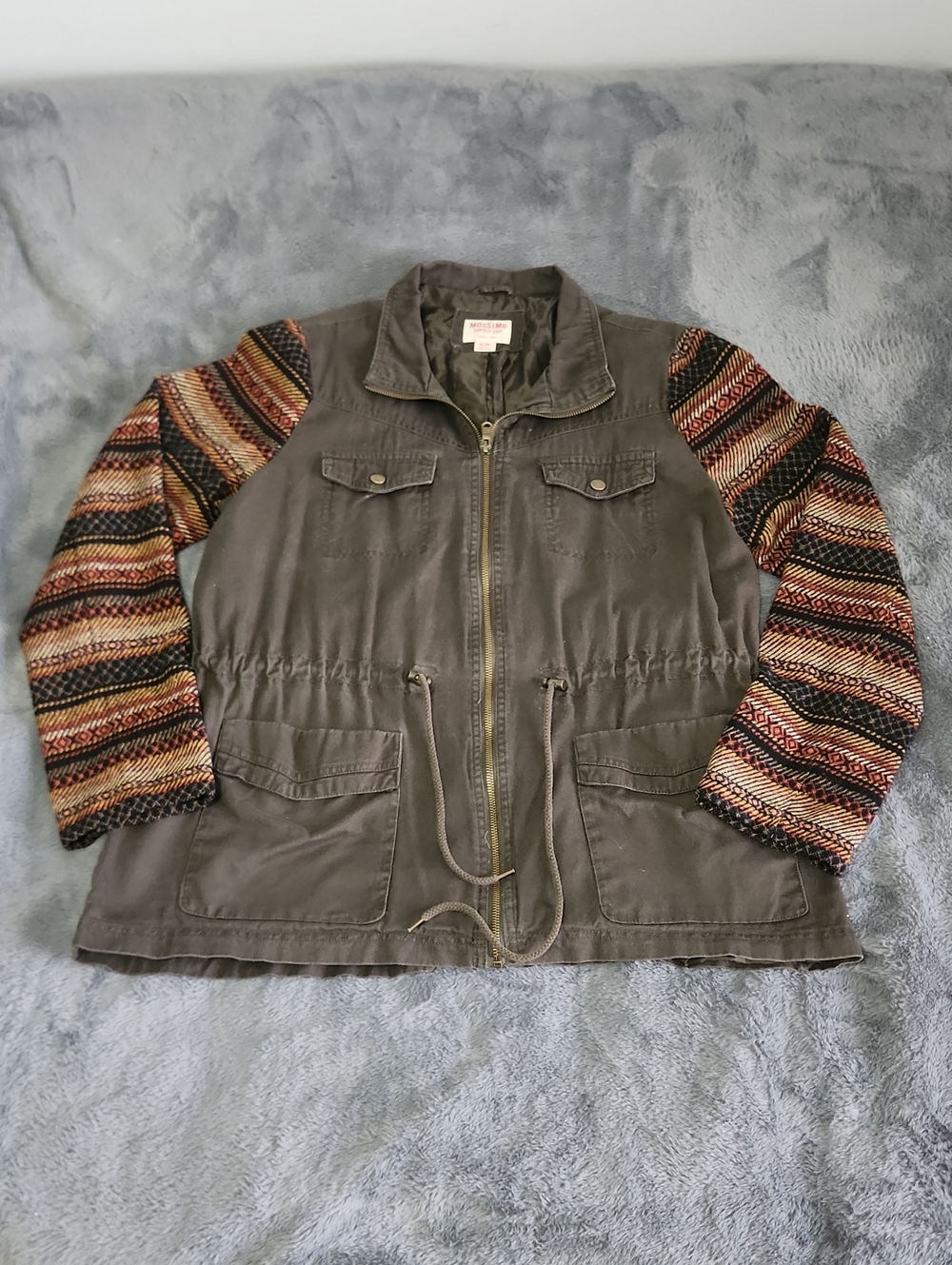 Olive Utility Jacket with Multicolor Knit Sleeves
